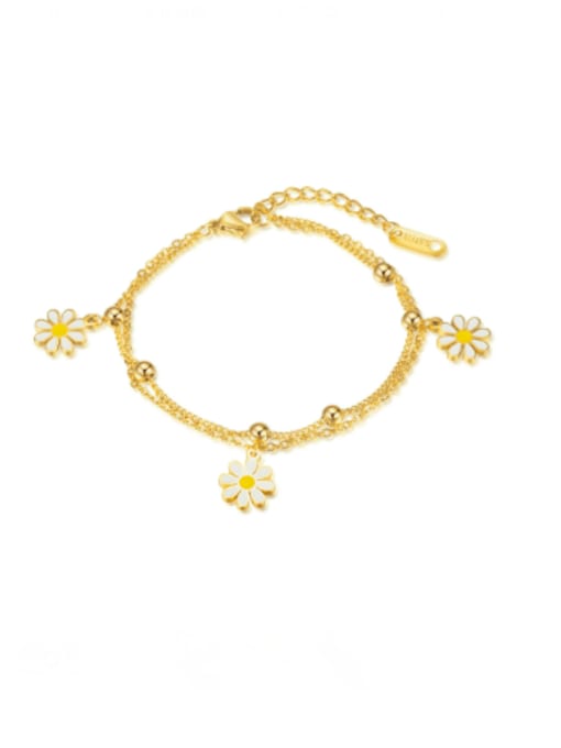 [1314] Gold plated bracelet Titanium Steel Enamel Flower Vintage Strand Bracelet